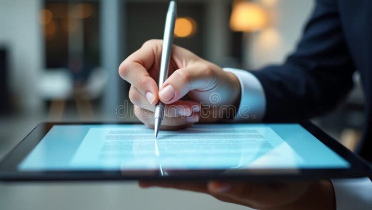 main signant un document numerique sur tablette